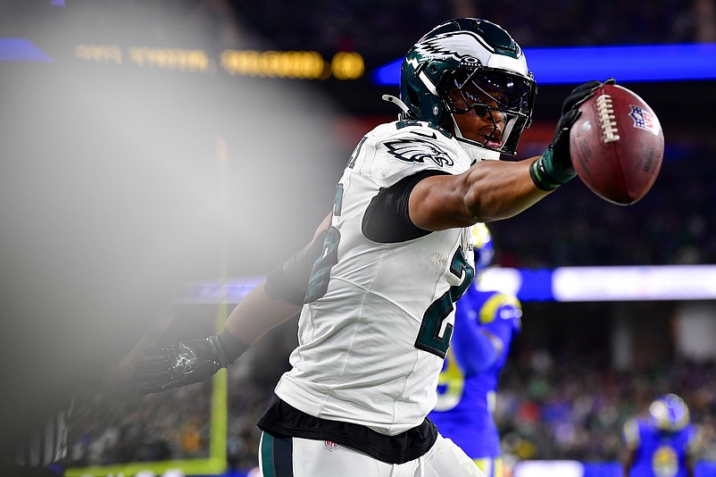 Nov 24, 2024; Inglewood, California, USA; Philadelphia Eagles running back Saquon Barkley (26) reacts after getting first down against the Los Angeles Rams during the second half at SoFi Stadium. Mandatory Credit: Gary A. Vasquez-Imagn Images