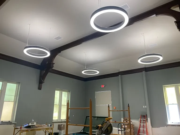 New lighting hangs in a renovated room within the borough-owned former church and office building at 125 N. Main Street in North Wales in late Oct. 2024. (Credit: North Wales Borough)