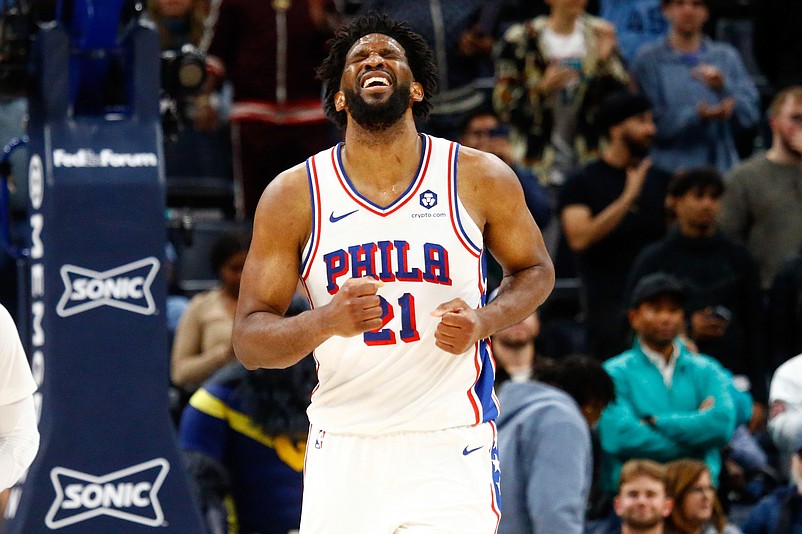 Nov 20, 2024; Memphis, Tennessee, USA; Philadelphia 76ers center Joel Embiid (21) reacts after a turnover during the second half against the Memphis Grizzlies at FedExForum. Mandatory Credit: Petre Thomas-Imagn Images