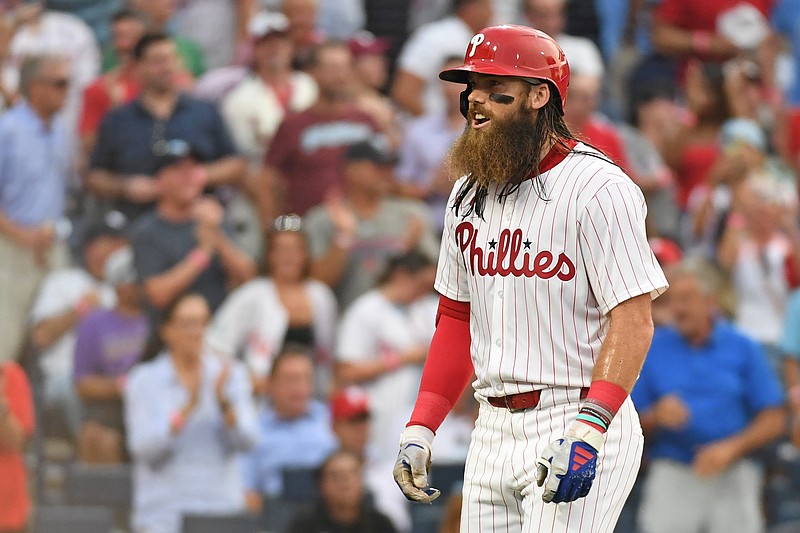 Jul 29, 2024; Philadelphia, Pennsylvania, USA; Philadelphia Phillies outfielder Brandon Marsh (16) celebrates his home run against the New York Yankees during the fourth inning at Citizens Bank Park. Mandatory Credit: Eric Hartline-USA TODAY Sports