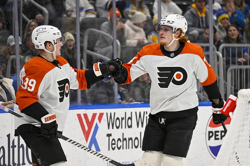 Nov 30, 2024; St. Louis, Missouri, USA;  Philadelphia Flyers right wing Owen Tippett (74) is congratulated by right wing Matvei Michkov (39) after scoring against the St. Louis Blues during the first period at Enterprise Center. Mandatory Credit: Jeff Curry-Imagn Images