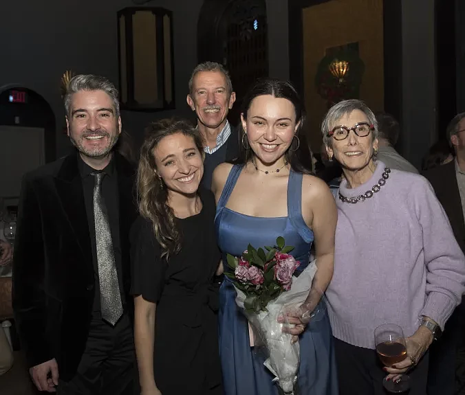 Bucks County Playhouse’s Tony-winning Producing team with two Anastasia actresses on Opening Night – from L to R: Josh Fiedler, Christy Altomare, Alexander Fraser, Lyda Jane Harlan and Robyn Goodman. (Credit: Bucks County Playhouse)