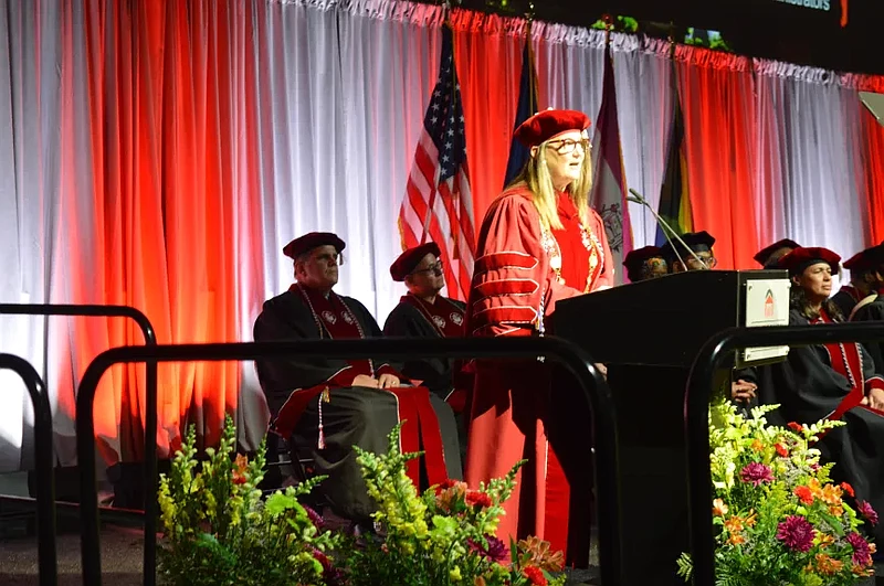 Montgomery County Community College President Victoria Bastecki-Perez addresses members of the Class of 2024 during a commencement ceremony on May 16, 2024 at the college’s Blue Bell campus.