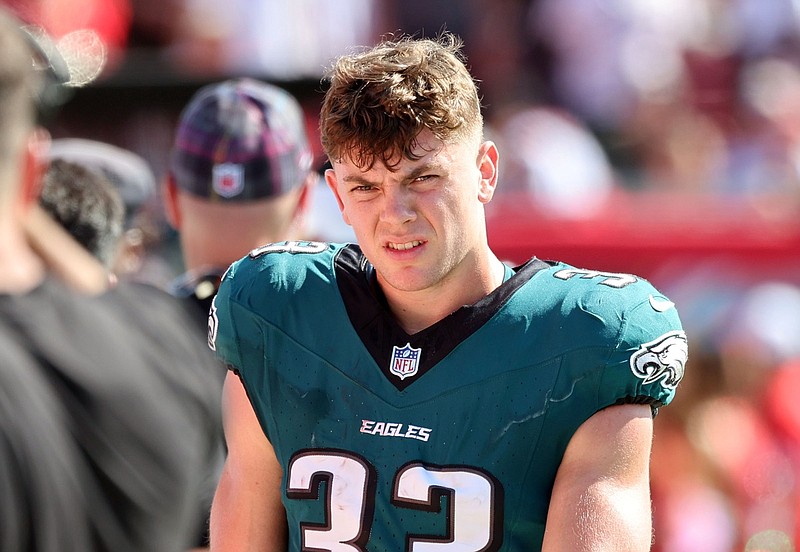 Sep 29, 2024; Tampa, Florida, USA; Philadelphia Eagles cornerback Cooper DeJean (33) looks on against the Tampa Bay Buccaneers during the second half at Raymond James Stadium. Mandatory Credit: Kim Klement Neitzel-Imagn Images