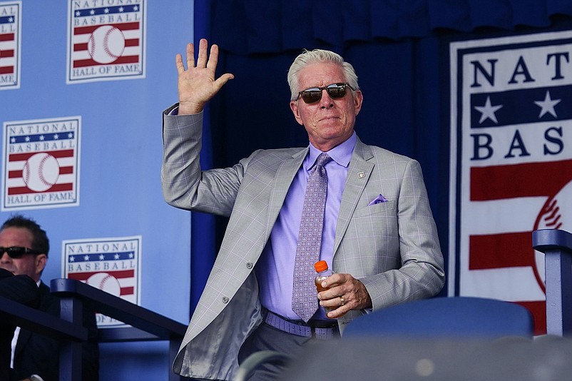 Jul 24, 2022; Cooperstown, New York, USA; Hall of Famer Mike Schmidt is introduced during the Baseball Hall of Fame Induction Ceremony at Clark Sports Center. Mandatory Credit: Gregory Fisher-USA TODAY Sports