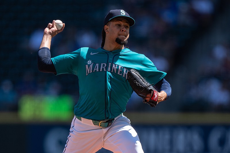 Jul 24, 2024; Seattle, Washington, USA;  Seattle Mariners starter Luis Castillo (58) delivers a pitch against the Los Angeles Angels at T-Mobile Park. Mandatory Credit: Stephen Brashear-USA TODAY Sports