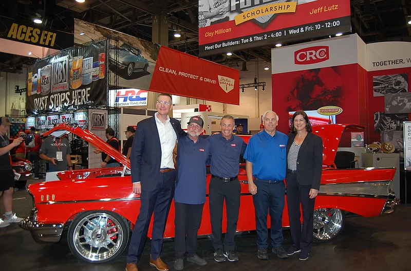 CRC Industries unveiled the '57 Chevy at SEMA on Nov. 5. From left to right are Steven Drake, Jeff Lutz, Clay Millican, Mike Copeland, and Jennifer Maher. (Image courtesy of CRC Industries)