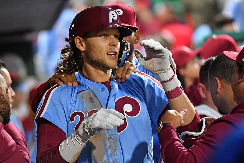 Apr 11, 2024; Philadelphia, Pennsylvania, USA; Philadelphia Phillies third base Alec Bohm (28) celebrates his home run against the Pittsburgh Pirates during the fourth inning at Citizens Bank Park. Mandatory Credit: Eric Hartline-USA TODAY Sports