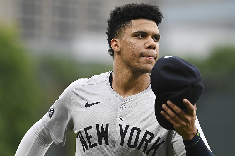 Jul 12, 2024; Baltimore, Maryland, USA;  New York Yankees outfielder Juan Soto (22) runs to the dugout before the first inning against the Baltimore Orioles at Oriole Park at Camden Yards. Mandatory Credit: Tommy Gilligan-USA TODAY Sports