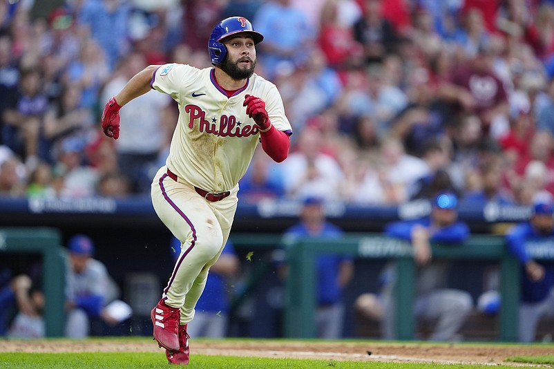 Sep 14, 2024; Philadelphia, Pennsylvania, USA; Philadelphia Phillies center fielder Cal Stevenson (47) runs out an RBI double against the New York Mets during the seventh inning at Citizens Bank Park. Mandatory Credit: Gregory Fisher-Imagn Images