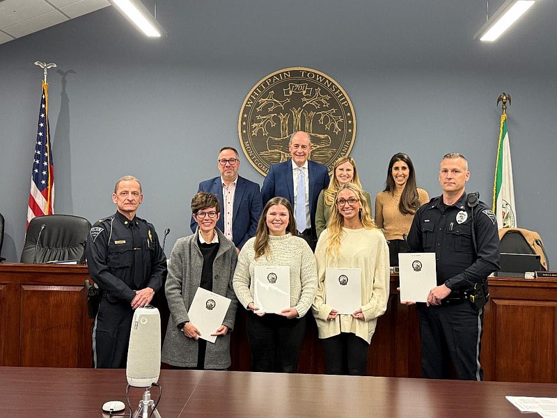 At bottom from left to right are Chief Ken Lawson, Jess Halpin, Megan Grady, Julia Litrenta, and Officer Seth Homan; Top Row: Supervisor Jeff Campolongo, Board Chair Scott Badami, Board Vice-Chair Kim Koch, and Supervisor Sara Selverian (Image courtesy of Whitpain Township)