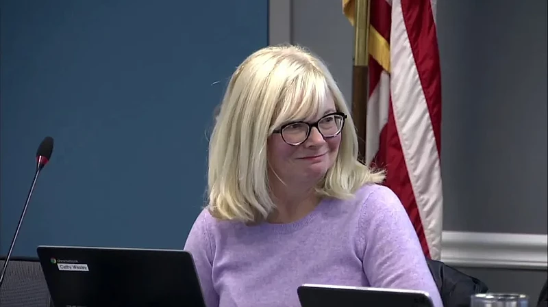 North Penn school board member Cathy McMurtrie receives a round of applause from fellow board members after being elected president of that group for 2025 during their Dec. 2, 2024 reorganization meeting. (Screenshot of NPTV video)