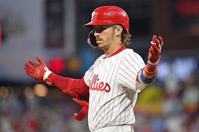 Jul 10, 2024; Philadelphia, Pennsylvania, USA;  Philadelphia Phillies second base Bryson Stott (5) reacts after hitting an RBI single during the fifth inning against the Los Angeles Dodgers at Citizens Bank Park. Mandatory Credit: Eric Hartline-USA TODAY Sports