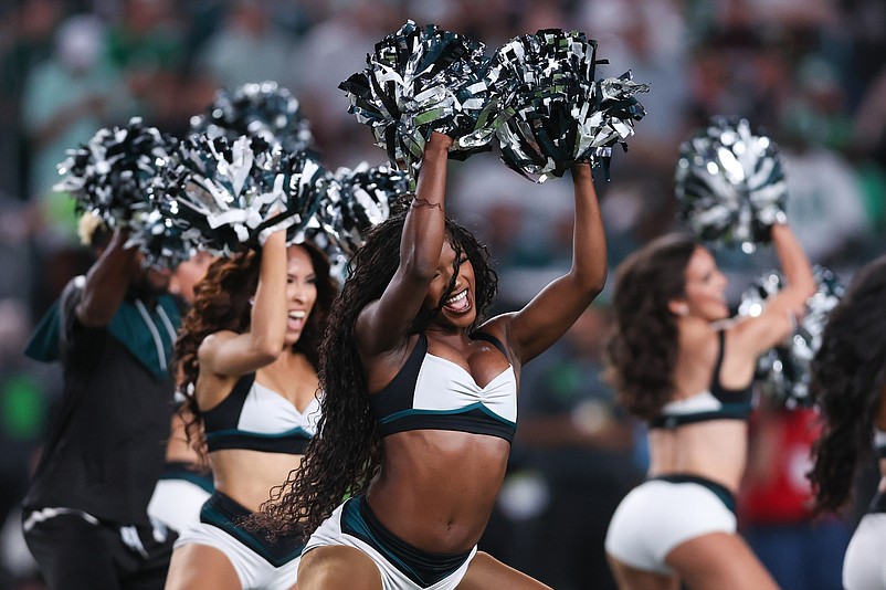 Sep 16, 2024; Philadelphia, Pennsylvania, USA; Philadelphia Eagles cheerleaders perform before action against the Atlanta Falcons at Lincoln Financial Field. Mandatory Credit: Bill Streicher-Imagn Images