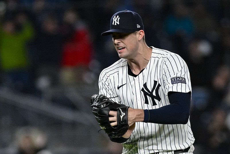 Sep 29, 2024; Bronx, New York, USA; New York Yankees pitcher Clay Holmes (35) reacts after the games final out against the Pittsburgh Pirates at Yankee Stadium. Mandatory Credit: John Jones-Imagn Images