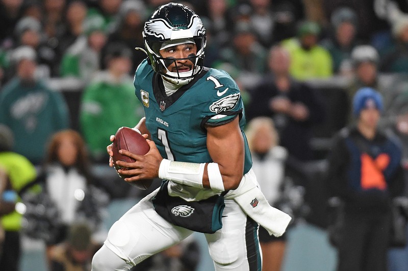 Nov 14, 2024; Philadelphia, Pennsylvania, USA; Philadelphia Eagles quarterback Jalen Hurts (1) against the Washington Commanders at Lincoln Financial Field. Mandatory Credit: Eric Hartline-Imagn Images