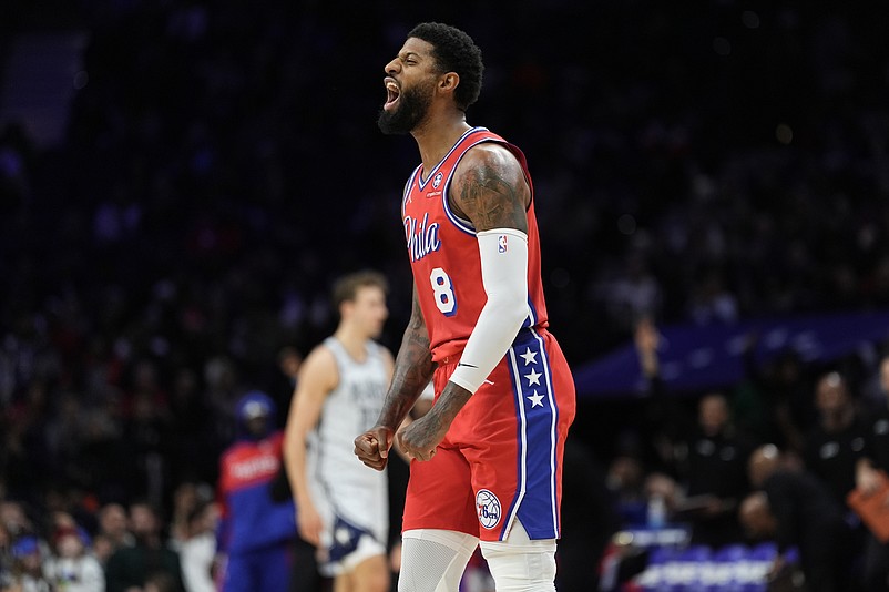 Dec 6, 2024; Philadelphia, Pennsylvania, USA; Philadelphia 76ers forward Paul George (8) reacts against the Orlando Magic in the second quarter at Wells Fargo Center. Mandatory Credit: Kyle Ross-Imagn Images