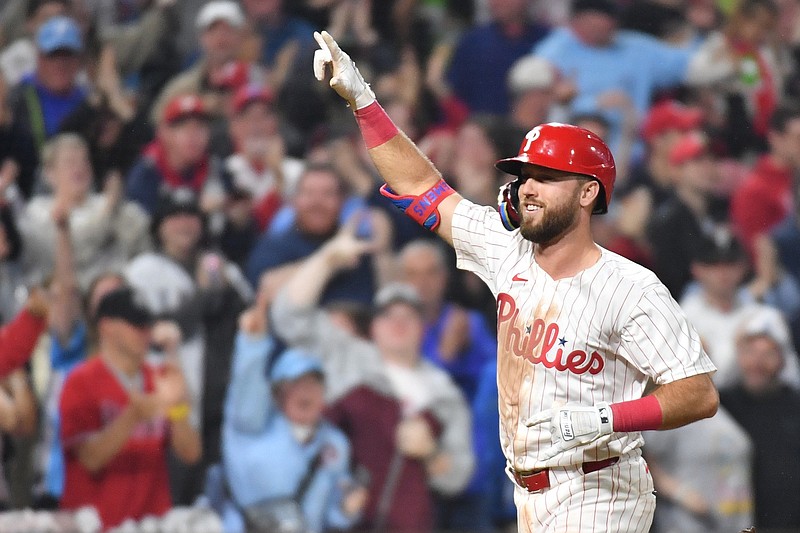 May 18, 2024; Philadelphia, Pennsylvania, USA;  Philadelphia Phillies first base Kody Clemens (2) celebrates his game-tying home run during the ninth inning against the Washington Nationals at Citizens Bank Park. Mandatory Credit: Eric Hartline-USA TODAY Sports