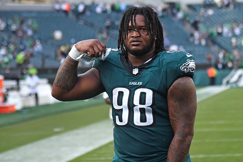 Oct 13, 2024; Philadelphia, Pennsylvania, USA; Philadelphia Eagles defensive tackle Jalen Carter (98) walks off the field after win against the Cleveland Browns at Lincoln Financial Field. Mandatory Credit: Eric Hartline-Imagn Images