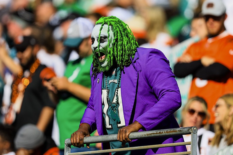 Oct 27, 2024; Cincinnati, Ohio, USA; A Philadelphia Eagles fan cheers during the second half against the Cincinnati Bengals at Paycor Stadium. Mandatory Credit: Katie Stratman-Imagn Images