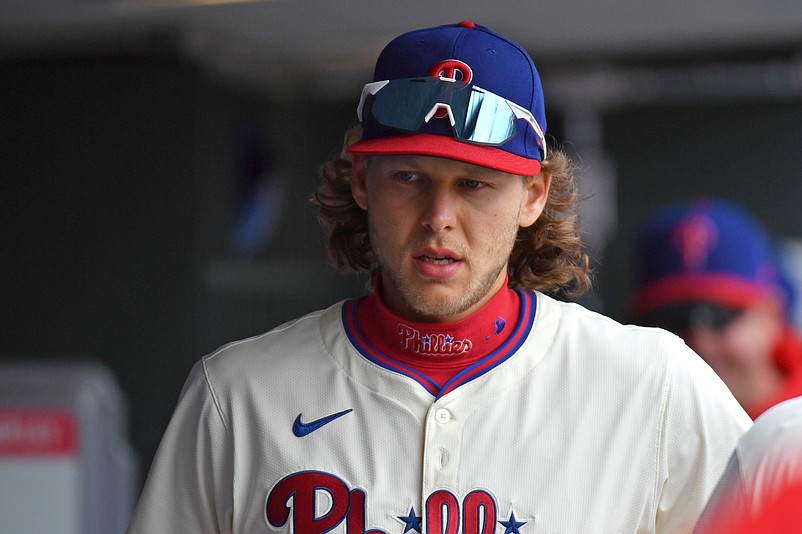 Mar 31, 2024; Philadelphia, Pennsylvania, USA; Philadelphia Phillies first baseman Alec Bohm (28) in the dugout against the Atlanta Braves at Citizens Bank Park. Mandatory Credit: Eric Hartline-USA TODAY Sports