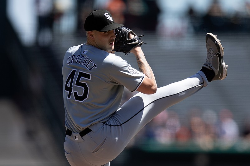 Aug 21, 2024; San Francisco, California, USA; Chicago White Sox starting pitcher Garrett Crochet (45) delivers a pitch against the San Francisco Giants during the first inning at Oracle Park. Mandatory Credit: D. Ross Cameron-USA TODAY Sports