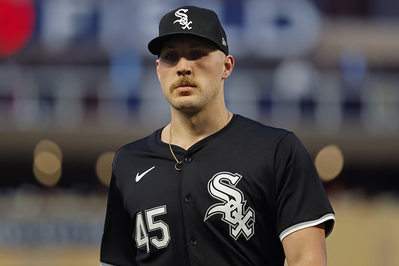 Apr 24, 2024; Minneapolis, Minnesota, USA; Chicago White Sox starting pitcher Garrett Crochet (45) leaves the field after throwing to the Minnesota Twins in the fifth inning at Target Field. Mandatory Credit: Bruce Kluckhohn-USA TODAY Sports