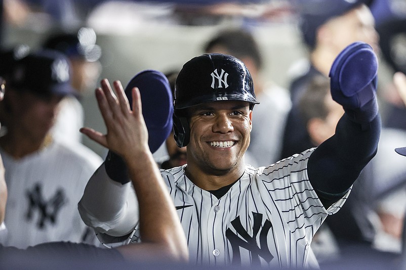 Jul 19, 2024; Bronx, New York, USA;  New York Yankees right fielder Juan Soto (22) is greeted in the dugout after scoring in the sixth inning against the Tampa Bay Rays at Yankee Stadium. Mandatory Credit: Wendell Cruz-USA TODAY Sports