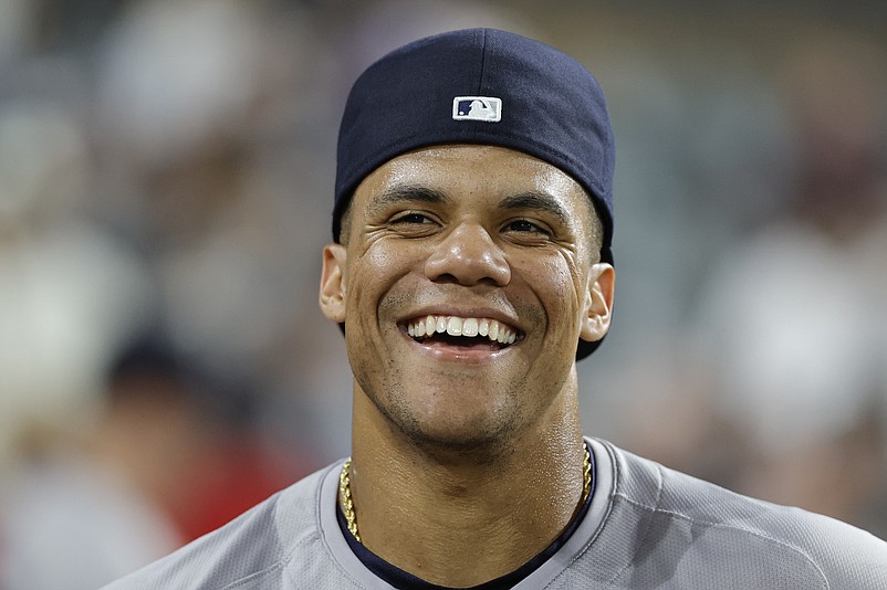 Aug 13, 2024; Chicago, Illinois, USA; New York Yankees outfielder Juan Soto (22) smiles after a game against the Chicago White Sox at Guaranteed Rate Field. Mandatory Credit: Kamil Krzaczynski-USA TODAY Sports