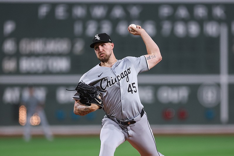 Sep 7, 2024; Boston, Massachusetts, USA; Chicago White Sox starting pitcher Garrett Crochet (45) throws a pitch during the first inning against the Boston Red Sox at Fenway Park. Mandatory Credit: Paul Rutherford-Imagn Images