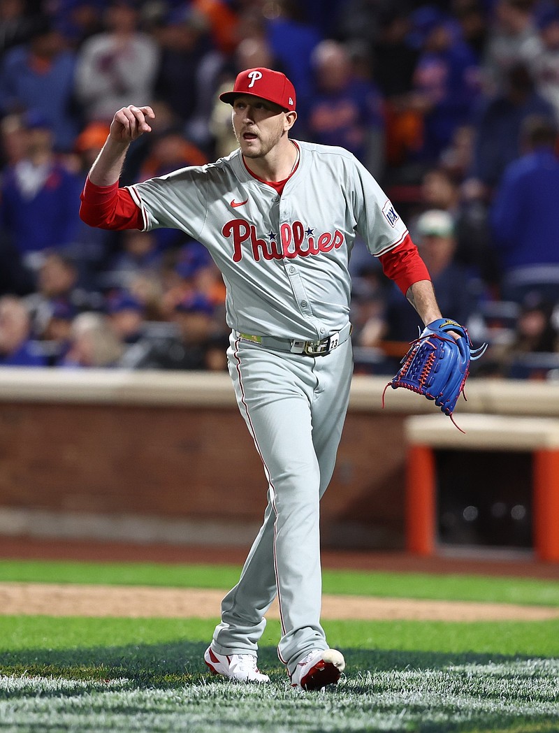 Oct 9, 2024; New York, New York, USA; Philadelphia Phillies pitcher Jeff Hoffman (23) reacts in the fifth inning against the New York Mets  in game four of the NLDS for the 2024 MLB Playoffs at Citi Field. Mandatory Credit: Wendell Cruz-Imagn Images