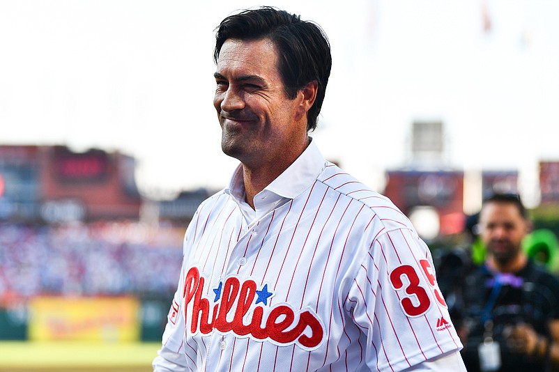 Jun 21, 2024; Philadelphia, Pennsylvania, USA; Former Philadelphia Phillies pitcher Cole Hamels looks on before the game against the Arizona Diamondbacks at Citizens Bank Park. Mandatory Credit: Kyle Ross-USA TODAY Sports