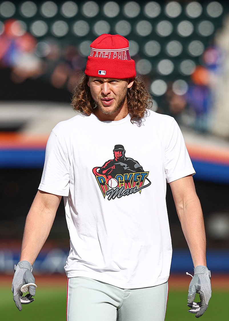 Oct 8, 2024; New York City, New York, USA; Philadelphia Phillies third baseman Alec Bohm (28) on the field before game three of the NLDS for the 2024 MLB Playoffs against the New York Mets at Citi Field. Mandatory Credit: Vincent Carchietta-Imagn Images