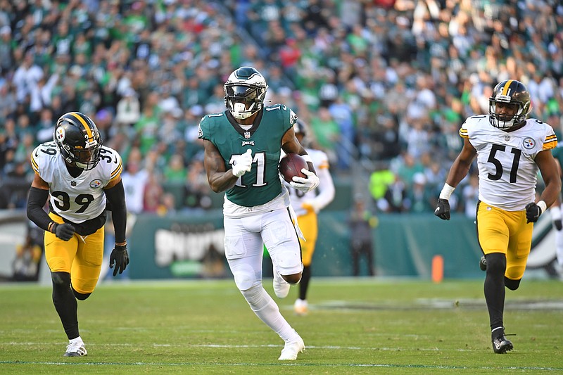 Oct 30, 2022; Philadelphia, Pennsylvania, USA; Philadelphia Eagles wide receiver A.J. Brown (11) runs past Pittsburgh Steelers safety Minkah Fitzpatrick (39) and linebacker Myles Jack (51) during the fourth quarter at Lincoln Financial Field. Mandatory Credit: Eric Hartline-USA TODAY Sports