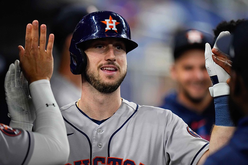 Aug 16, 2023; Miami, Florida, USA; Houston Astros right fielder Kyle Tucker (30) celebrates with teammates after hitting a home run against the Miami Marlins during the first inning at loanDepot Park. Mandatory Credit: Rich Storry-USA TODAY Sports