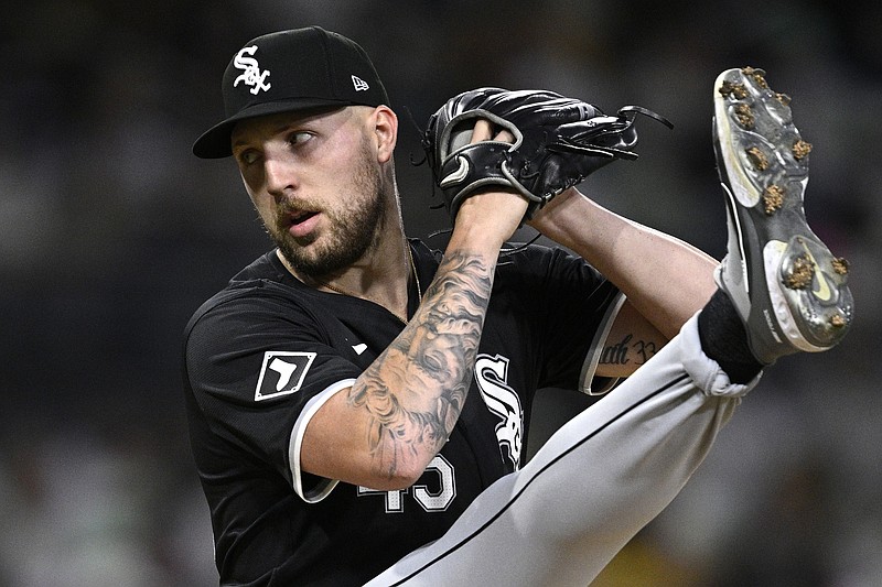 Sep 20, 2024; San Diego, California, USA; Chicago White Sox starting pitcher Garrett Crochet (45) pitches against the San Diego Padres during the first inning at Petco Park. Mandatory Credit: Orlando Ramirez-Imagn Images