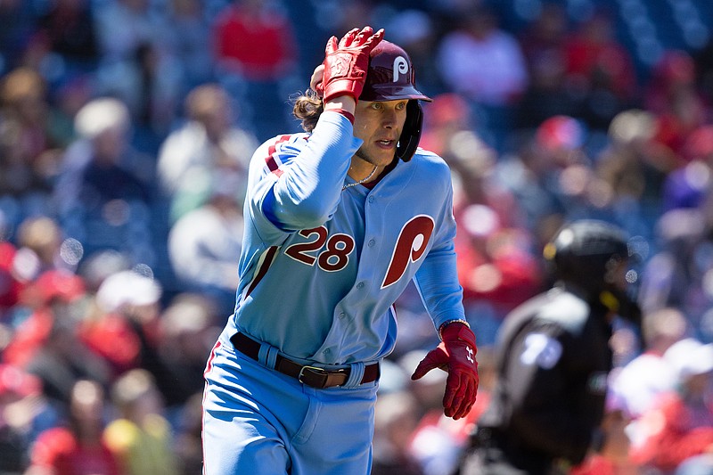 Apr 28, 2022; Philadelphia, Pennsylvania, USA; Philadelphia Phillies third baseman Alec Bohm (28) runs the bases after hitting a home run during the fourth inning against the Colorado Rockies at Citizens Bank Park. Mandatory Credit: Bill Streicher-USA TODAY Sports
