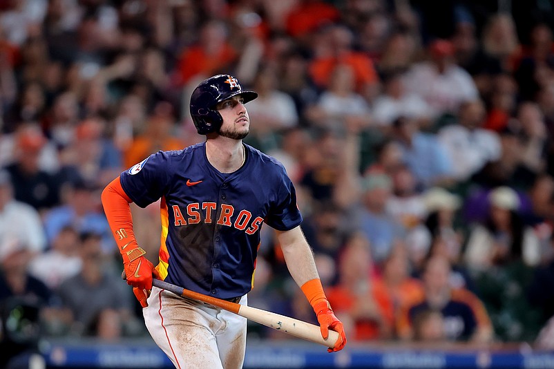 Jun 1, 2024; Houston, Texas, USA; Houston Astros right fielder Kyle Tucker (30) reacts after hitting a home run against the Minnesota Twins during the third inning at Minute Maid Park. Mandatory Credit: Erik Williams-USA TODAY Sports