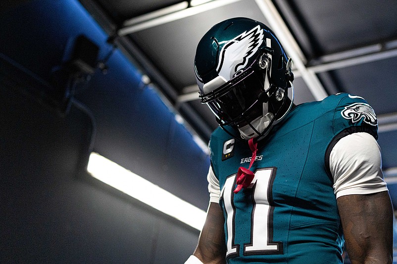 Dec 8, 2024; Philadelphia, Pennsylvania, USA;  Philadelphia Eagles wide receiver A.J. Brown (11) prepares to take the field for action against the Carolina Panthers at Lincoln Financial Field. Mandatory Credit: Bill Streicher-Imagn Images