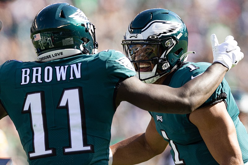 Oct 30, 2022; Philadelphia, Pennsylvania, USA; Philadelphia Eagles quarterback Jalen Hurts (1) celebrates with wide receiver A.J. Brown (11) after a touchdown connection against the Pittsburgh Steelers during the second quarter at Lincoln Financial Field. Mandatory Credit: Bill Streicher-USA TODAY Sports