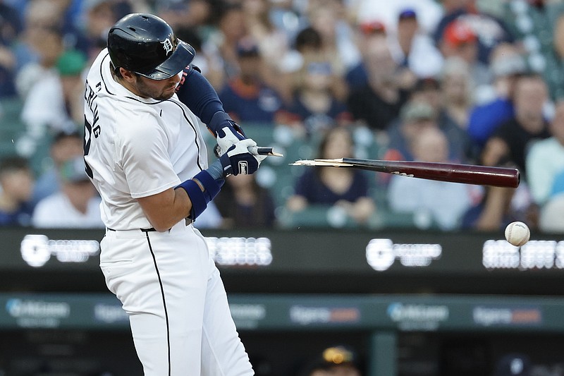 Jun 24, 2024; Detroit, Michigan, USA;  Detroit Tigers third baseman Matt Vierling (8) breaks his bat as he hits into a triple play in the third inning against the Philadelphia Phillies at Comerica Park. Mandatory Credit: Rick Osentoski-USA TODAY Sports