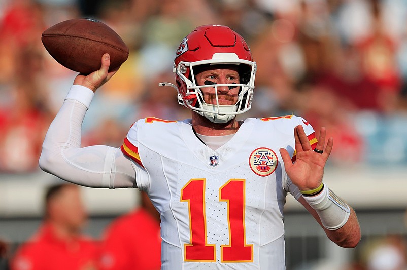 Kansas City Chiefs quarterback Carson Wentz (11) throws the ball before a preseason NFL football game Saturday, Aug. 10, 2024 at EverBank Stadium in Jacksonville, Fla. [Corey Perrine/Florida Times-Union]