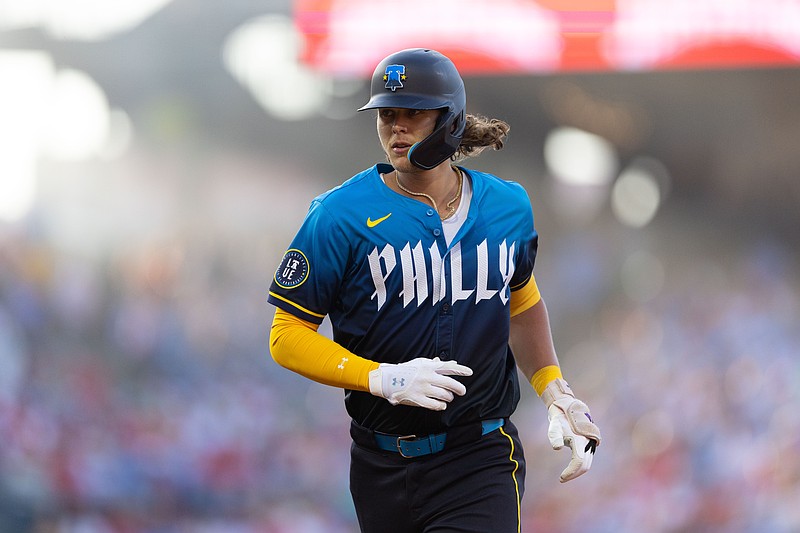 May 31, 2024; Philadelphia, Pennsylvania, USA; Philadelphia Phillies third base Alec Bohm (28) tags up on first base after hitting a single during the second inning against the St. Louis Cardinals at Citizens Bank Park. Mandatory Credit: Bill Streicher-USA TODAY Sports