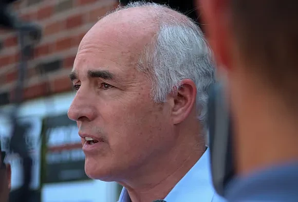 U.S. Sen. Bob Casey speaking to reporters at a Bristol Township event in August 2024. (Credit: Tom Sofield/LevittownNow.com)