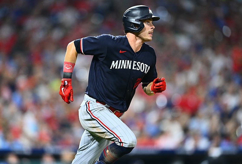 Aug 12, 2023; Philadelphia, Pennsylvania, USA; Minnesota Twins outfielder Max Kepler (26) advances toward first after hitting a double against the Philadelphia Phillies in the seventh inning at Citizens Bank Park. Mandatory Credit: Kyle Ross-USA TODAY Sports