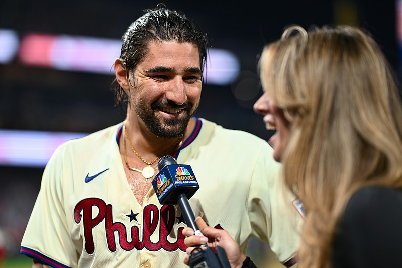 Oct 6, 2024; Philadelphia, Pennsylvania, USA; Philadelphia Phillies outfielder Nick Castellanos (8) is interviewed after game two of the NLDS against the New York Mets for the 2024 MLB Playoffs at Citizens Bank Park. Mandatory Credit: Kyle Ross-Imagn Images