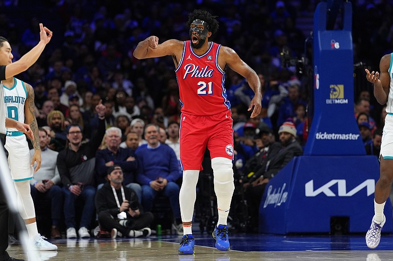 Dec 20, 2024; Philadelphia, Pennsylvania, USA; Philadelphia 76ers center Joel Embiid (21) reacts against the Charlotte Hornets in the second quarter at Wells Fargo Center. Mandatory Credit: Kyle Ross-Imagn Images