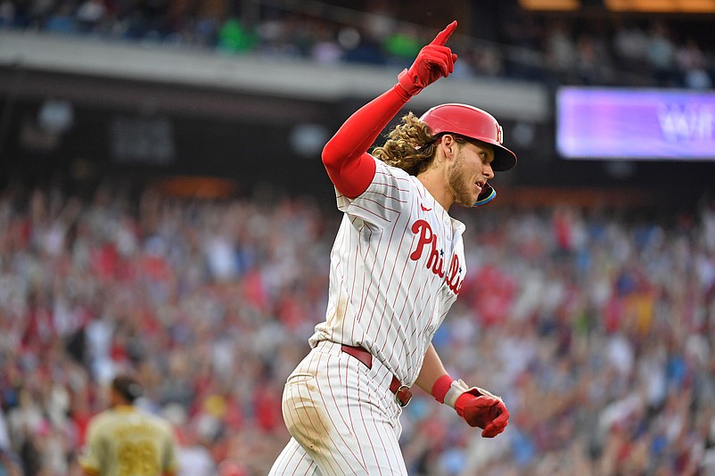 Jun 17, 2024; Philadelphia, Pennsylvania, USA; Philadelphia Phillies third base Alec Bohm (28) watches his three run home run during the fifth inning against the San Diego Padres at Citizens Bank Park. Mandatory Credit: Eric Hartline-USA TODAY Sports