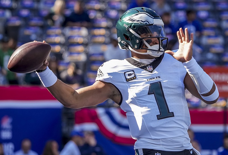 Oct 20, 2024; East Rutherford, New Jersey, USA;  Philadelphia Eagles quarterback Jalen Hurts (1) pregame against the New York Giants at MetLife Stadium. Mandatory Credit: Robert Deutsch-Imagn Images