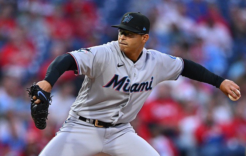 Apr 11, 2023; Philadelphia, Pennsylvania, USA; Miami Marlins starting pitcher Jesus Luzardo (44) throws a pitch against the Philadelphia Phillies in the second inning at Citizens Bank Park. Mandatory Credit: Kyle Ross-USA TODAY Sports